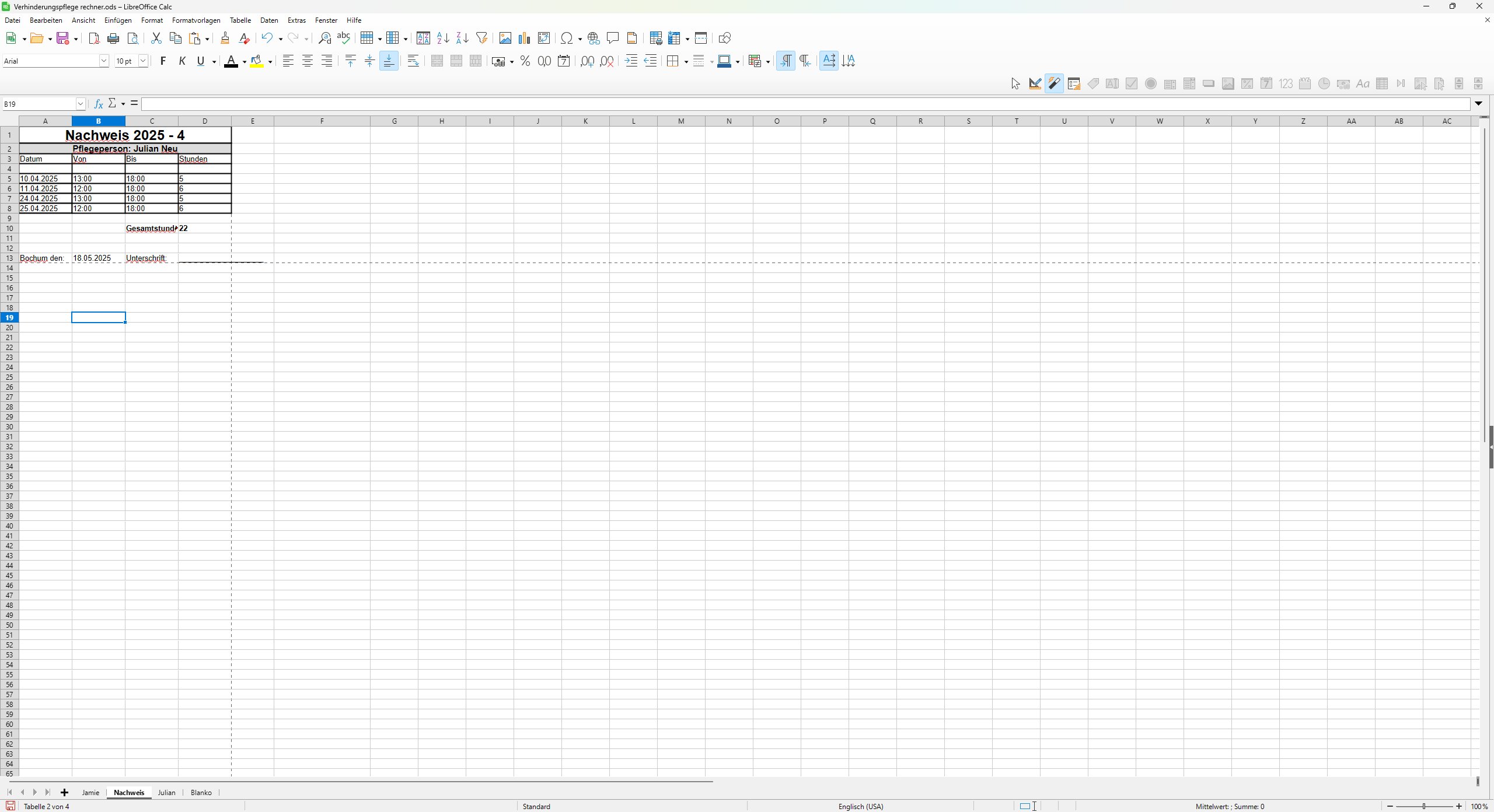 Nachweis in der Tabelle