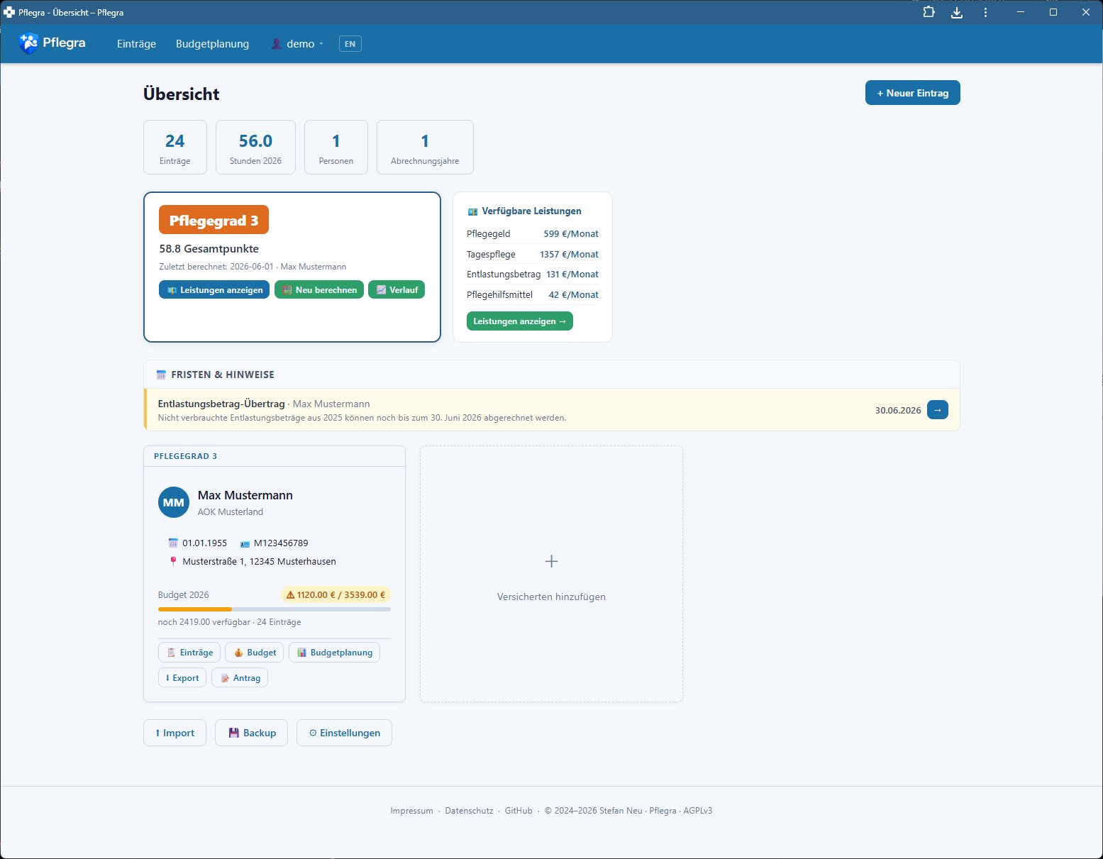 Pflegra Dashboard Screenshot
